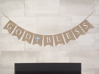 God Bless Burlap Boy Banner - Baptism - First Communion - Christening - Baby Shower - 5 Blue Latex Balloons