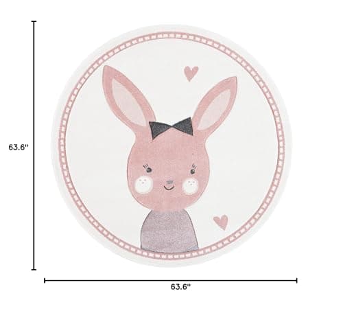 SAFAVIEH Carousel Kids Collection Area Rug - 5'3" Round, Ivory & Pink, Bunny Design, Non-Shedding & Easy Care, Ideal for High Traffic Areas for Boys & Girls in Playroom, Nursery, Bedroom (CRK166A)