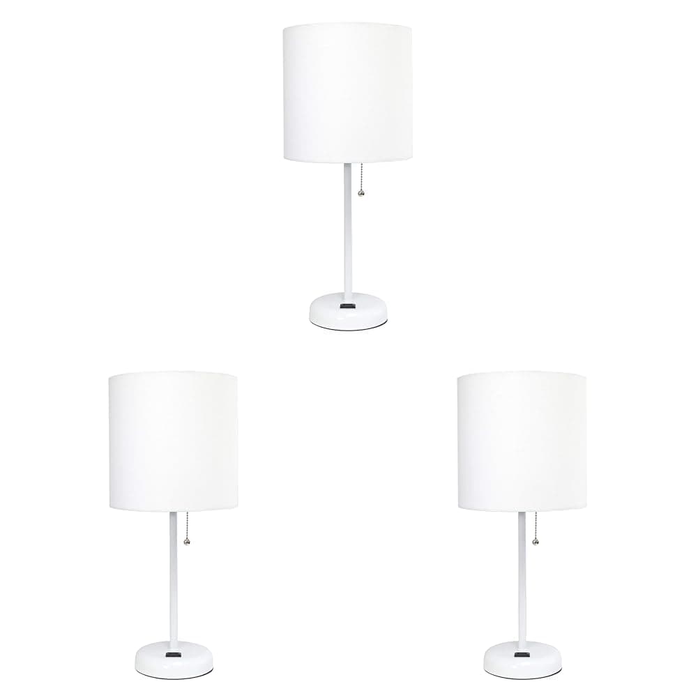 Simple Designs LT2024-WOW White Stick Table Desk Lamp with Charging Outlet and Drum Fabric Shade, White Shade