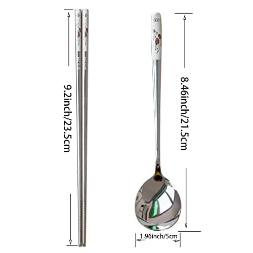 Reusable Chopstick and Spoon Set, Korean Long Handle Stainless Steel Spoon and Chopsticks Set, Dishwasher Safe Metal Chop sticks, Set of 3. (Multi-patterned)