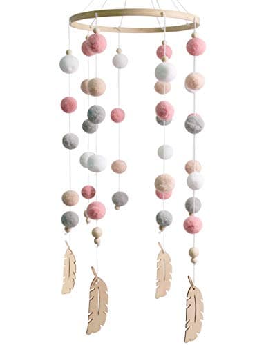 AONTUS Baby Crib Mobiles Wooden Wool Beads for Children Boys Girls Babies Bed Room Decoration (White Pink Ball-173.7in)