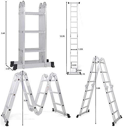 Multi Purpose Folding Step Ladder Platform Extendable Scaffold Ladder 3.8M 12.5 Feet EN131 Aluminum 7 in 1 Extension Step Lightweight 330LB (12.5 Ft)