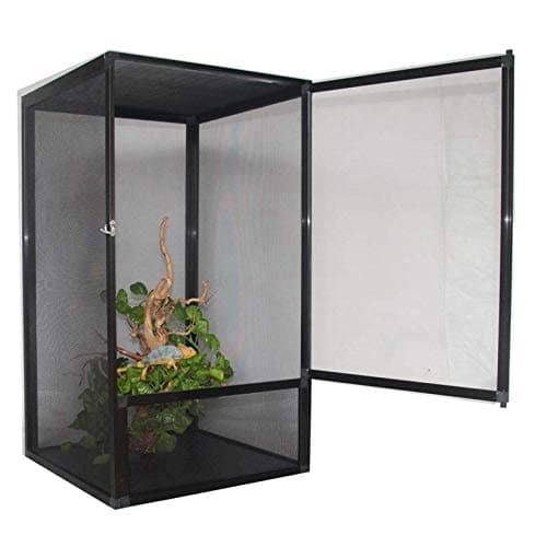 Black Aluminum Screen Cage Reptile Feeding Box with Decorate Leafs Small Pet Cages for Spider Lizard Frog Cricket Turtle (16.5x16.5x26 Inches)