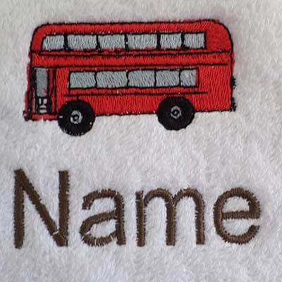 EFY White Baby Hooded Bath Robe or White Hooded Towel with a LONDON BUS Logo and Name of your choice. (Hooded Towel - 0-5 years)