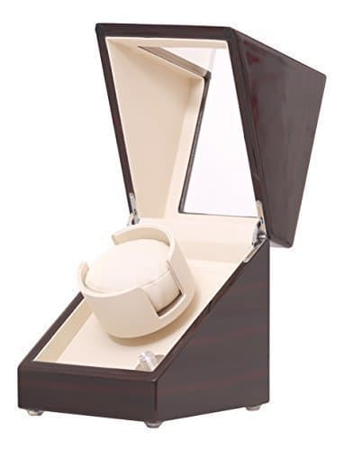 Pateker® Ebony Wood Finish Single Watch Winder, White Leather Display Box Case [100% Handmade]