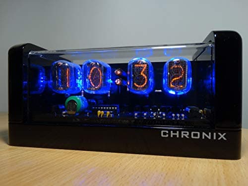 CHRONIX Vintage Nixie Tube Clock with 4xIN-12 displays & Alarm & Blue Backlight & Black Glossy Wooden case