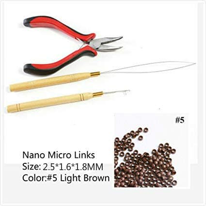 Hair Extensions Tool kit 1Pc Pliers 2Pcs Pulling Hook Loop Needle 200Pcs Micro Nano Rings for Link Hair and Feather Hair Extensions (Brown)