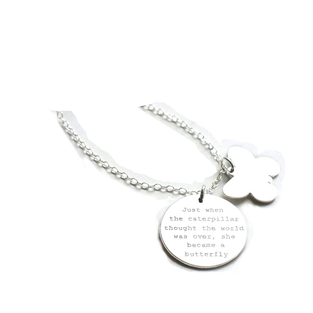 Personalised Sterling Silver Disc and Butterfly Charm Quote Necklace