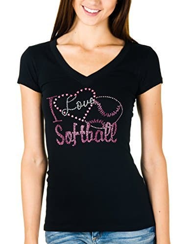 Activewear Apparel Juniors Rhinestone 'I Love Softball' V-neck T-shirt (1XL, Black)