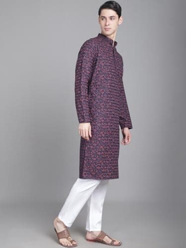 Majestic Man Men's Cotton Regular Fit Casual Mandarin Collar Ethnic Motifs Printed Long Regular Kurta