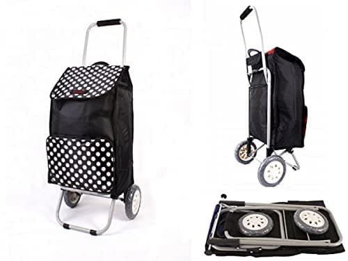 BLACK POLKA DOT TWO WHEEL SHOPPING TROLLEY FOLDING BK FRAME BLACK POLKA DOT water resistant with Detachable Bag - Shopping Trolley 2 Wheels, Lightweight & Foldable OUT DOOR PICNIC