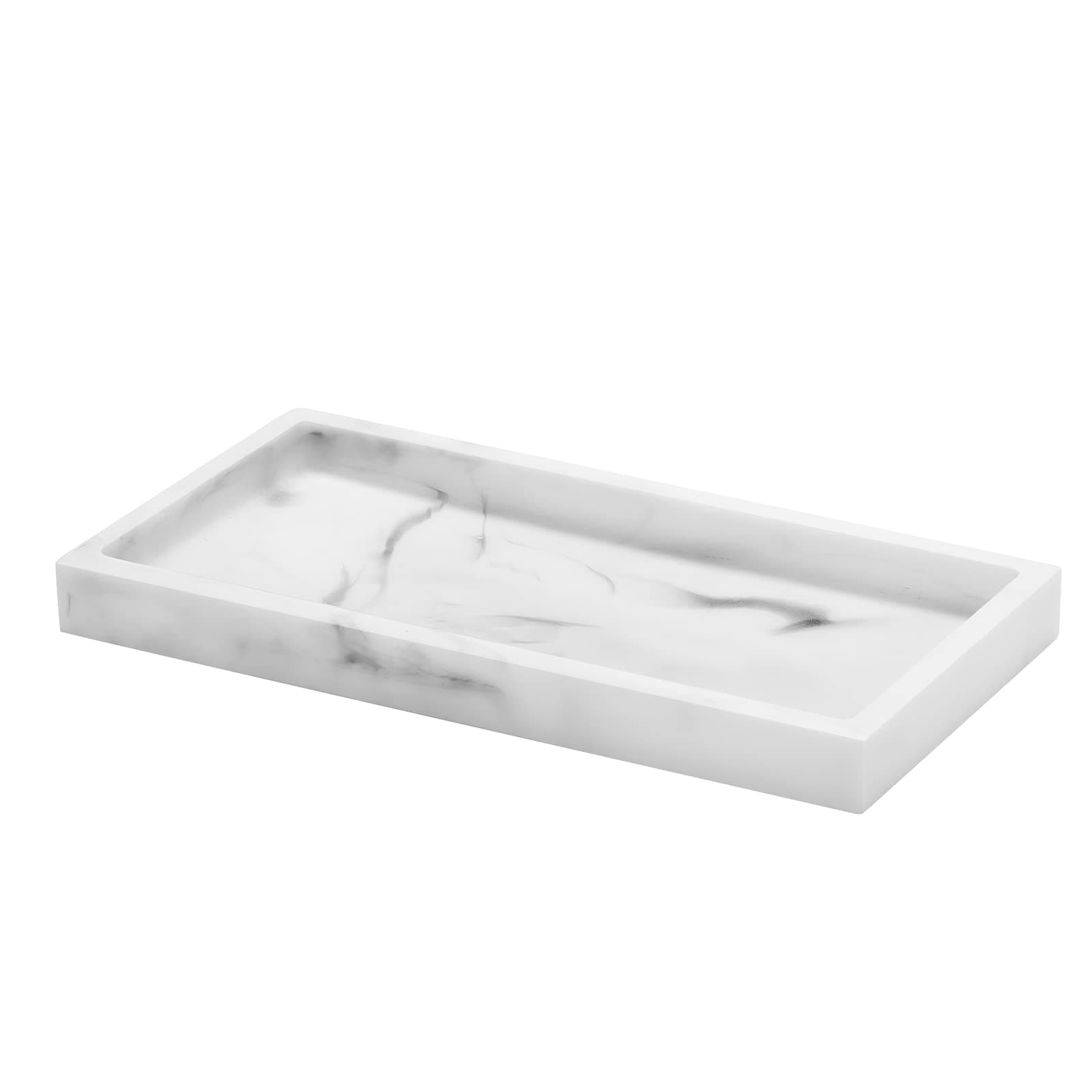 Luxspire Bathroom Vanity Tray, Resin Dresser Jewelry Ring Dish Tank Storage Kitchen Sink Countertop Organiser Plate Holder for Perfume Candles Soap Towel Plant Bathroom Accessories, Mini, White Marble