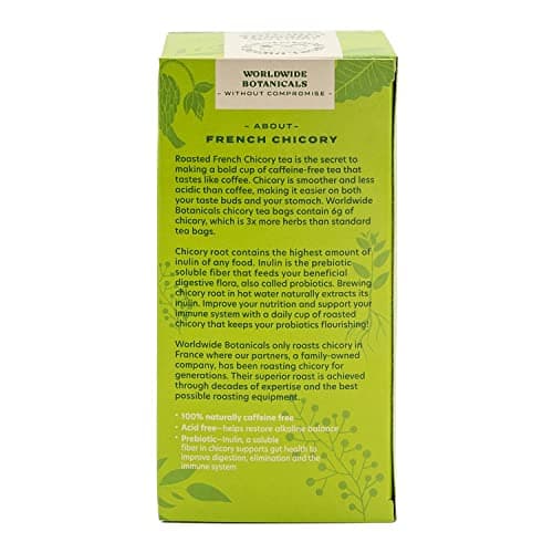 Worldwide Botanicals Organic French Chicory Root Tea – 50% more herbs with 3g per tea bag – Prebiotic Roasted Herbal Tea – Acid Free, Caffeine Free, Kosher, 25 tea bags