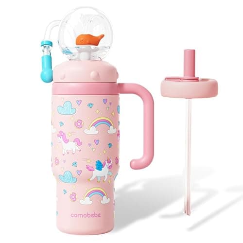 24oz Stainless Steel Whale Fountain Tumbler with Handle, Whale Water Fountain Tumblers, Drinking Cup with Whale Squirt, Leak-Proof Dishwasher Safe (E)