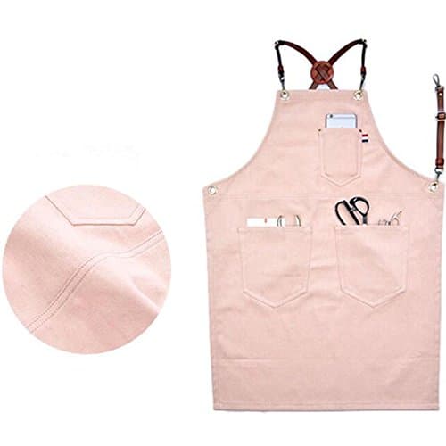 XIAKA Denim Bib Apron w/X Back Leather Straps Barista Florist Bartender Chef Aprons (Pink, S)
