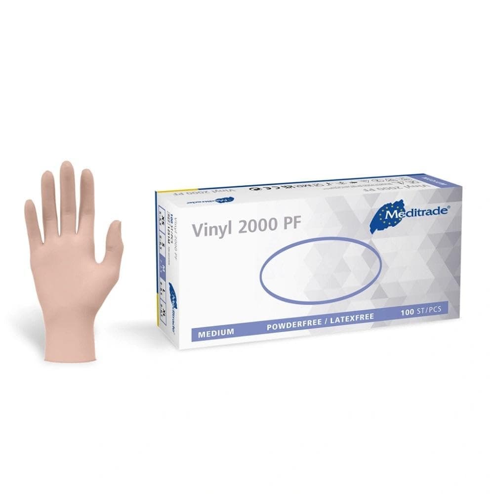 Examination Gloves - Medium, Powderless, Hypoallergenic, Heavy Duty, Latex Free, Long Cuff, Ambidextrous, Disposable, for Any Sector, Bulk Buy (Clear) (Medium) - Meditrade Vinyl 2000 PF