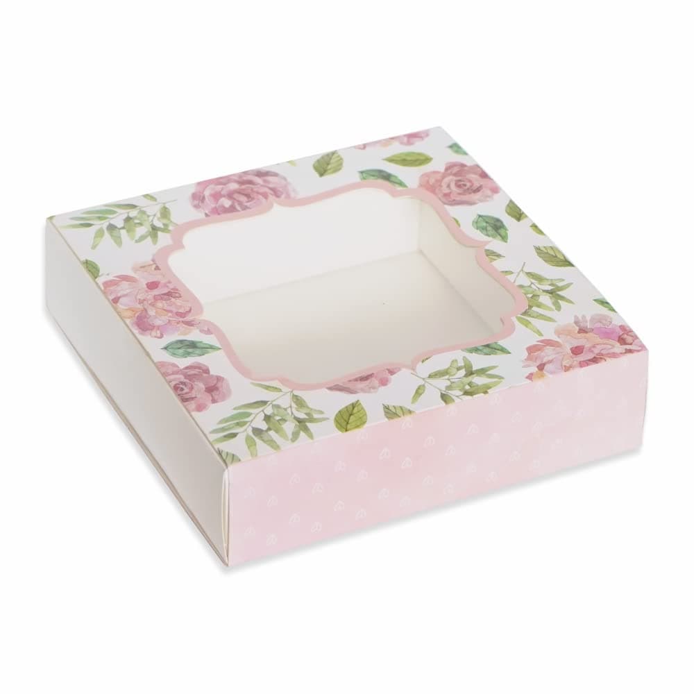 Brownie Box for 4. Tray Box. Pink Floral Design. Pack of 8. (Inside Size 5x5x1.75 Inc) (Outer: 6x6x2 Inch)). Four Brownies