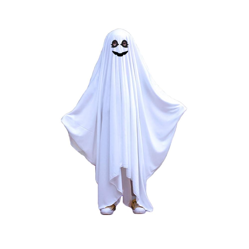 Halloween Costume for Kids Unisex White Ghost Costume Boys Girls Funny Face Cloak Full Body Face Mask with Grimace Pattern Spirit Ghost Cosplay Garment For Dress Up Stage Performance Clothing