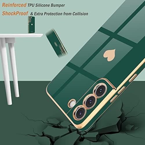 Teageo for Samsung Galaxy S22 5G Case - Cute Love-Heart Luxury Bling, Soft Silicone, Shockproof, Camera Protection, Darkish Green