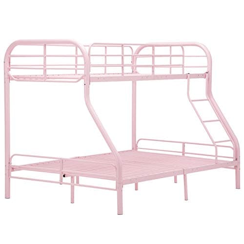 Cypressshop Metal Bunk Bed Metal Frame Twin Over Full Size Kids Teen Bedroom Guest Dormitory Sleepers Bedroom Sleeping with Ladders Safety Pink Color Home Furniture