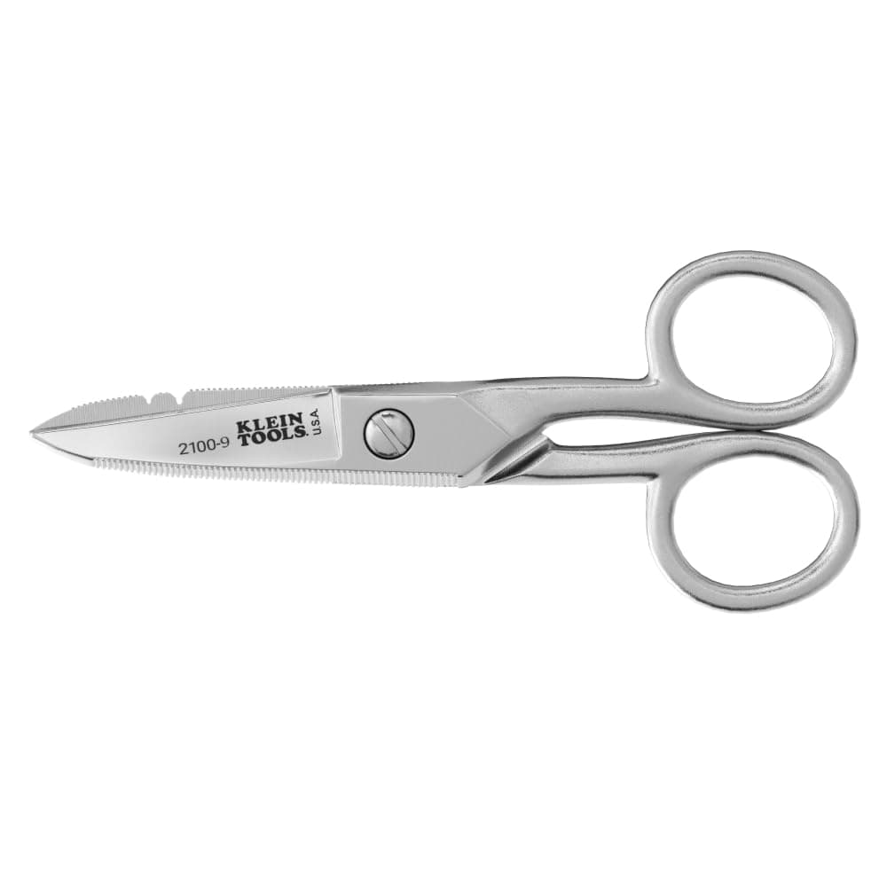 2100-9 Stainless Steel Electrician Scissors, Made in USA, 5.25-Inch Free-Fall Handle Snips, Stripping Notches, Non-Slip Serrated Blade