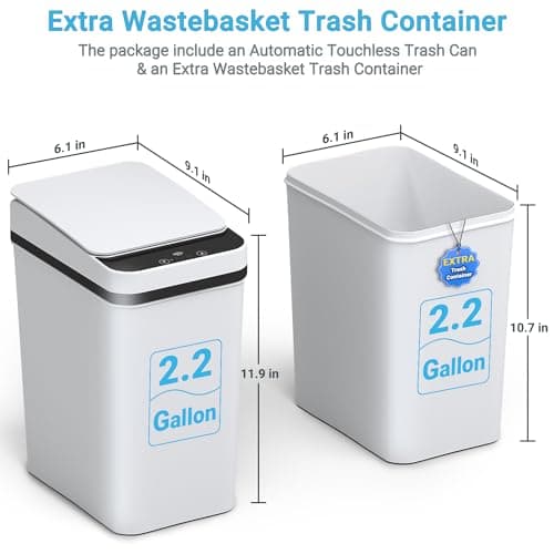 LMQML Bathroom Trash Can, 2.2 Gallon Automatic Motion Sensor Touchless Trash Can; with Extra Trash Container, Waterproof Trash Bin with Lid, Narrow Small Garbage Can for Kitchen, Office, Bedroom-White