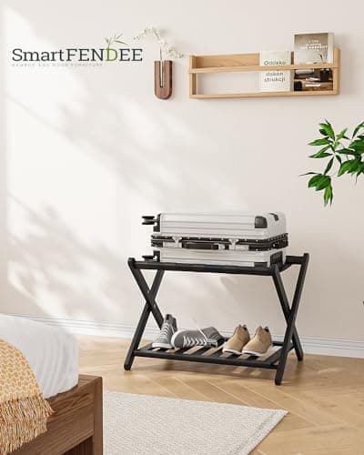 Smart FENDEE Suitcase Stand Folding Luggage Rack 2-Tier Luggage Stand with Shelf (Espresso)