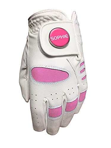 JUNIOR GIRLS PINK GOLF GLOVE. SIZE SMALL. " SOPHIE " GOLF BALL MARKER.