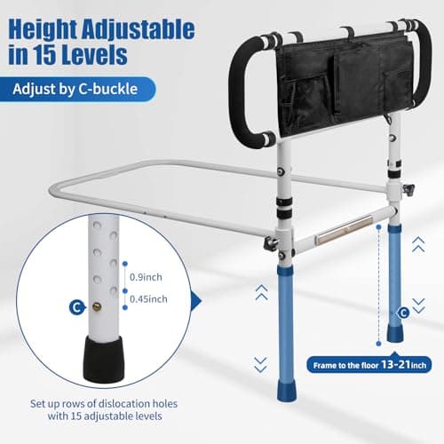 Bed Rails for Elderly Adults with Sensor Light, Adjustable Height & Extendable Bed Assist Rail, Folding Bed Grab Rail with Large Storage Pocket for Seniors, Heavy Duty Adult Bed Guard, 450LBS Capacity