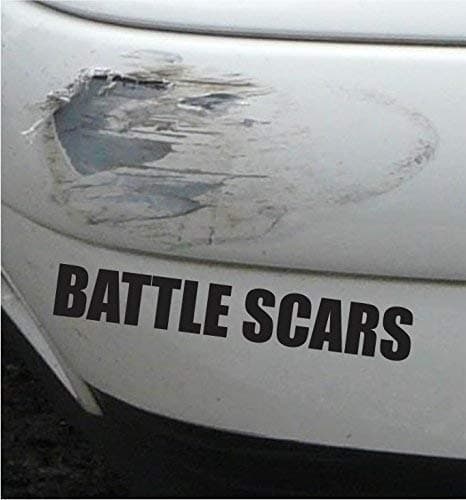 HandmadeBattle Scars Funny Bumper Sticker Vinyl Decal Truck Van SUV Decal For Car Accident Crash Dent Mark or Scratches