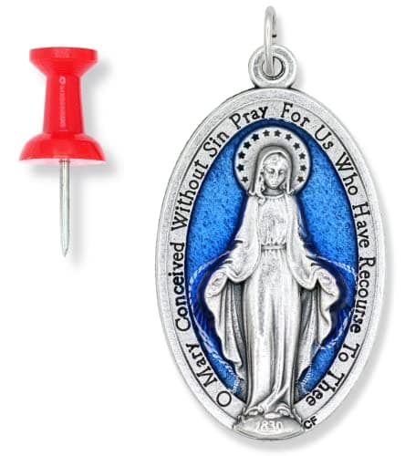 Caritas et Fides Miraculous Medal Pendant Necklace Extra Large - 4.2cm Silver Oxidized with Blue Enamel Accent Large Miraculous Medals for Jewelry Catholic Made in Italy,, Silver