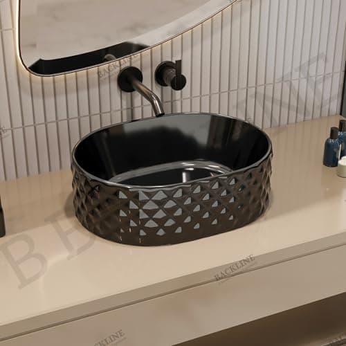 Ceramic Table Top Counter Top Wash Basin Vessel Sink Bathroom Sink Art Basin For Bathroom & Living Room 18 X 13.5 X 5.5 Inches (Only Basin) (Black Glossy)