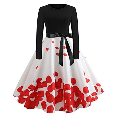 Vintage Dress, Women Elegant Long Sleeve Print Dresses - O Neck Evening Party Swing Dress