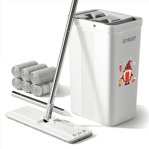 JOYMOOP Mop and Bucket with Wringer Set, White Flat Squeeze Mop Bucket Set for Floor Cleaning, Hands Free Wet Dry Mop for Walls, 60" Mop with 6 Reusbale Microfiber Pads - Christmas Limited
