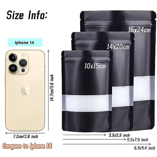 50pcs Black Mylar Bags,Resealable Smell Proof Bag,Ziplock Stand Up Pouches with Window,Foil Pouch Sealable Bags for Food Storage Packaging(Black, 16x24cm -50 pcs)