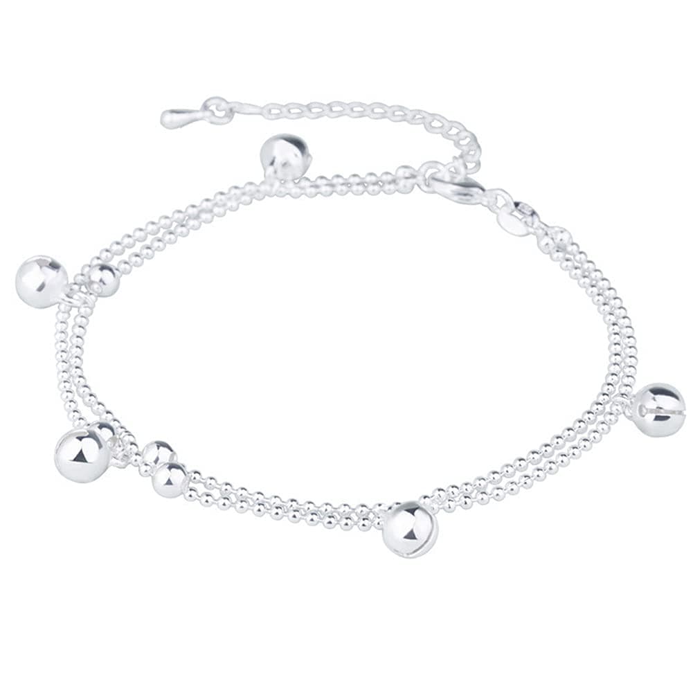 Runsmooth Double Anklet for Women S925 Sterling Silver Adjustable Bell Anklet Foot Ankle Bracelet for Beach Party Birthday Mother's Day