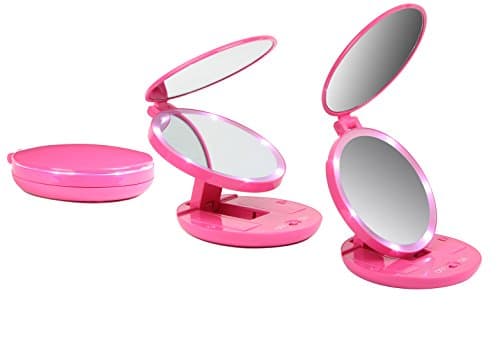 Facsmile Lighted Travel Mirror 5X Magnifying with Folding Stand - Hot Pink