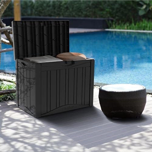 PATIOEASY 50GAL Black Deck Box with Unique Pattern and Lock Hole - Waterproof, Durable Resin Construction, SGS Sun Protection, Ideal for Storing Outdoor Furniture Covers, Effortless Assembly