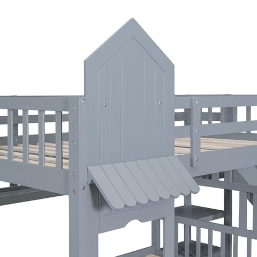 Full-Over-Full Bunk Bed, Castle Style Bunk Bed with 2 Drawers and 3 Shelves, Solid Wood Bunk Beds with Slide and Storage Staircase, Playhouse Low Bunk Bed for Kids Teens (Gray-O273)