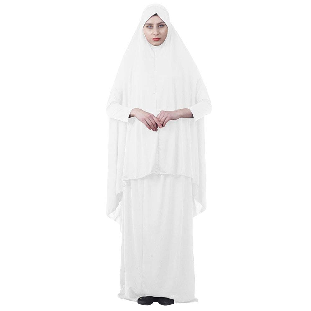 Women's Muslim Prayer Dress Hijab Scarf Islamic Abaya Two-Piece Full Length Dress (White, L)