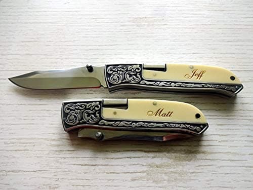 Personalized White Pocket Knife 14th Wedding Anniversary Gift for Husband, Spouse. Custom Engraved Folding Knife for Groomsmen AlgisCrafts