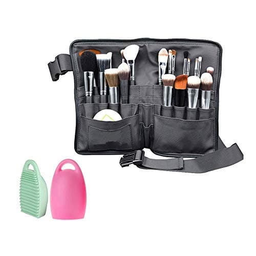 32 Pockets Cosmetic Makeup Brush Organiser Belt Bag with Artist Strap + 2 Washing Brush Scrubber