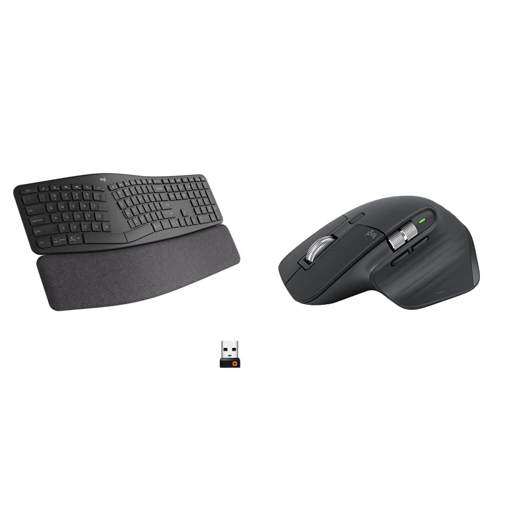 MX Master 3S Wireless Mouse and Ergo K860 Split Ergonomic Keyboard - Quieter Clicks, Faster Scrolling, Adjustable Palm Lift