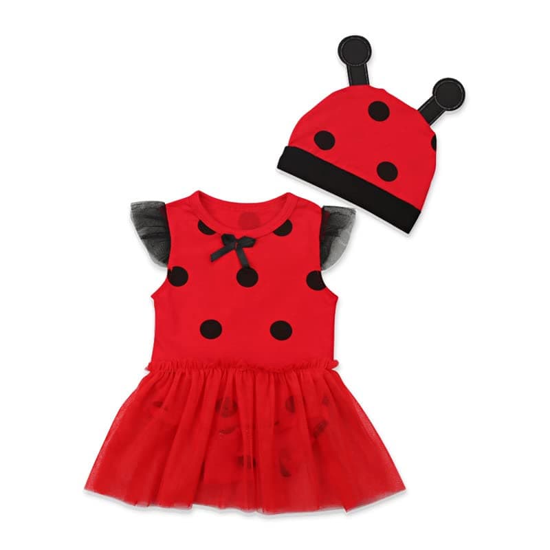 Agape Girl Red Bug Romper Set with Cap Dress Short Sleeves for Baby Girl (2 Years-3 Years)