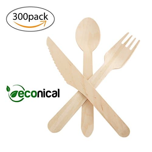 Disposable Eco-Friendly Birch Wooden Utensils 6" - 300pc Cutlery Set | 100 Forks, 100 Spoons, 100 Knives | Biodegradable, Compostable, Safe, Strong | Flatware for Picnic, Camping, Wedding - ECOnical