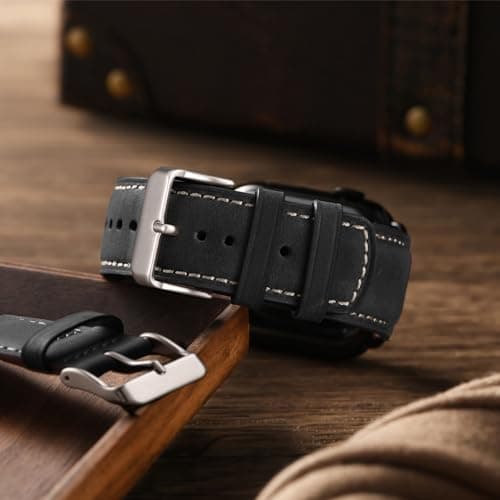 SUNFWR レザーバンド Apple Watchバンド 49mm 45mm 44mm 42mm 男女兼用 最高品質のグレイン本革交換用ストラップ iWatch Ultra 2 Ultra、SE2、SE、Series 9 8 7 6 5 4 3 2 1用 (ブラック/スターライト), ブラック/サトルライト。, 42mm 44mm 45mm 49mm