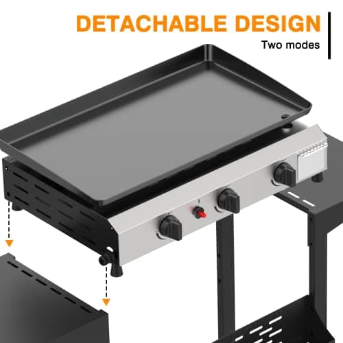 25.6 Inch 3 Burner BBQ Gas Grill Griddle, Stainless Steel Portable Detachable 30,000 BTU Table Top Propane Barbecue Grill with Side Table for Camping or Tailgating (Griddle & Shelf)
