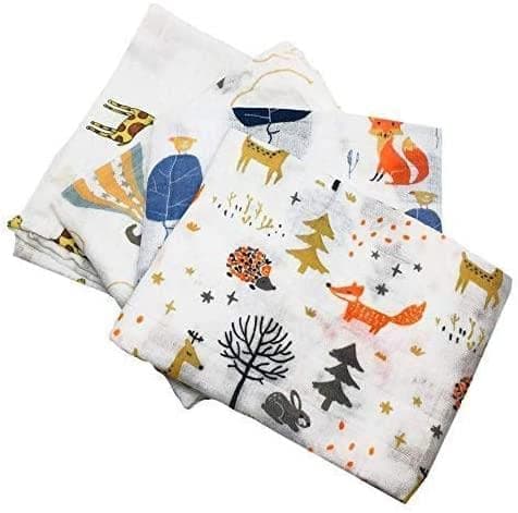 LEBCO Little English Quality Muslin Squares cloth for Babies, Ultrasoft with 4 unique animal designs - Animal Friends - Pack of 4 - Size 60cm x 60cm