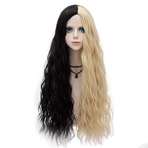 Probeauty Halloween Collection 75cm Mix Color Gothic Long Curly Wavy Ombre Hair Synthetic Cosplay Wig+Cap (75cm Curly Central Part Black mix Blonde)