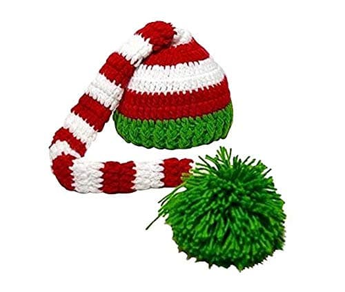 EDOBLUEChristmas Baby Green Red Crochet ELF Long Tail Pom-pom Hat